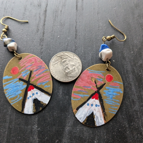 Native American Jewelry - Brass Hand Painted Tipi Earrings